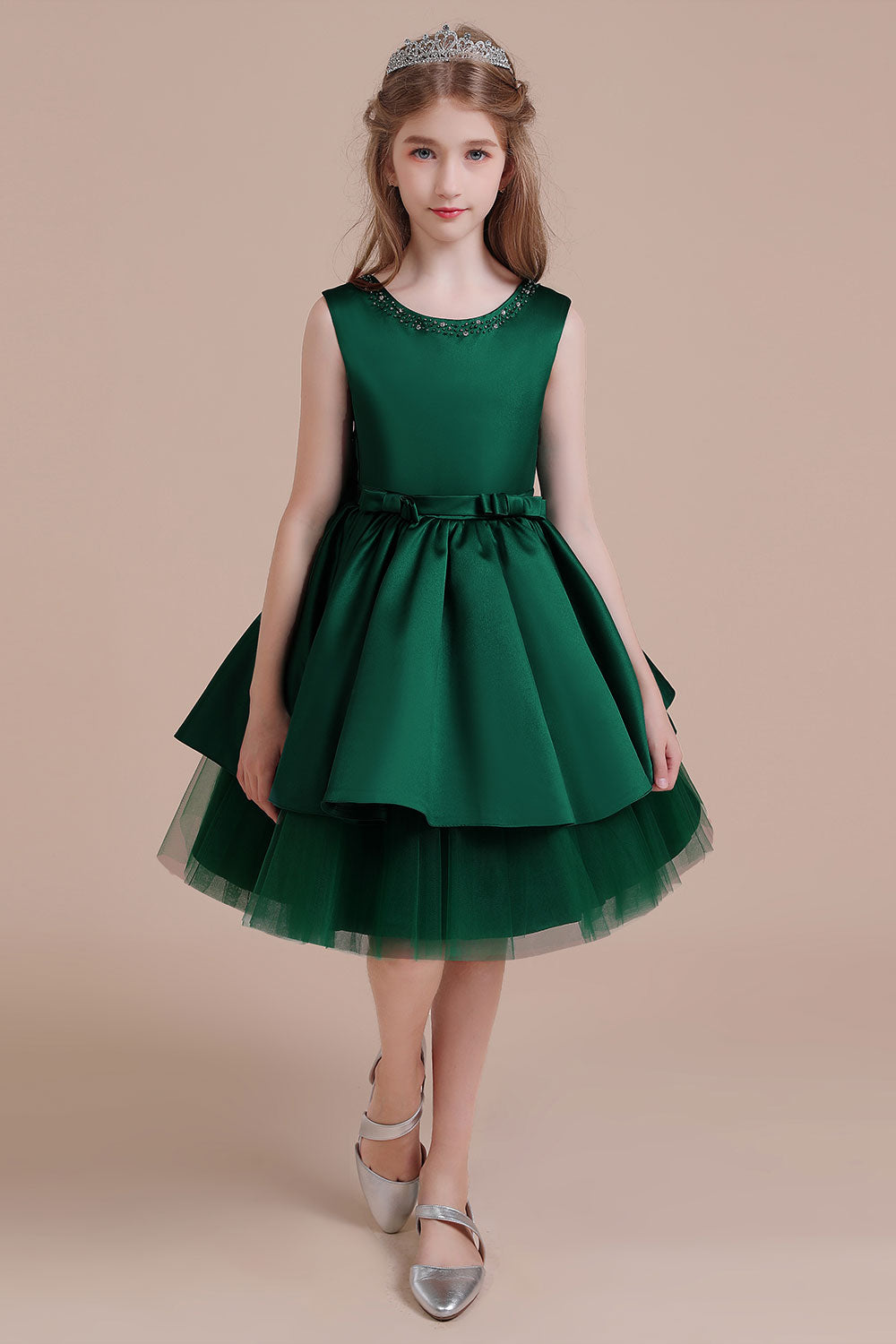 Chicloth A-Line Bow Beading Satin Tulle Flower Girl Dress On Sale