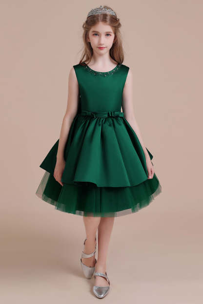Chicloth A-Line Bow Beading Satin Tulle Flower Girl Dress On Sale
