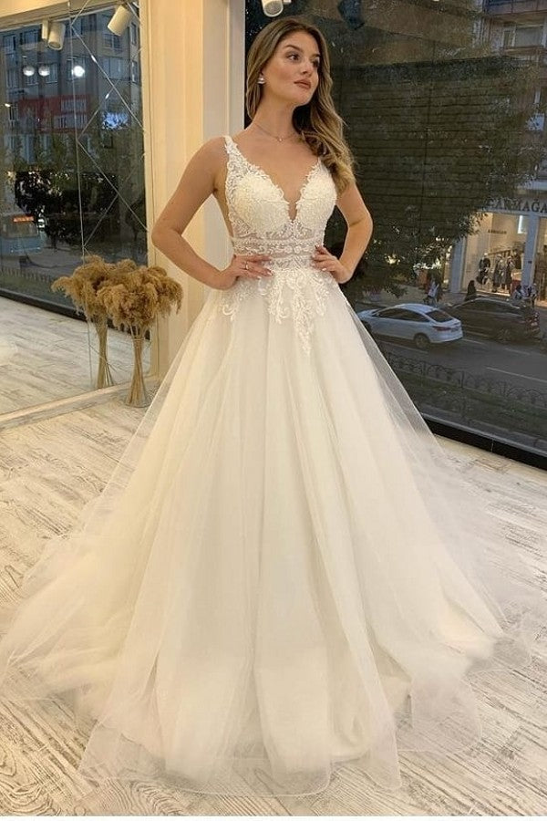 Chicloth Gorgeous V-Neck Tulle Wedding Dress Sleeveless