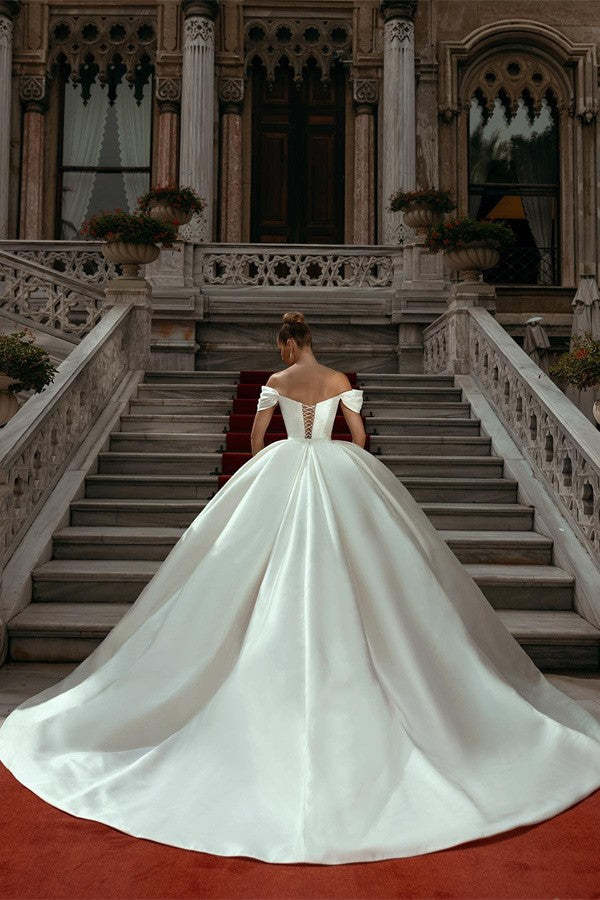 Chicloth Off-the-Shoulder Ball Gown Wedding Dress Ivory Satin Bridal Wear