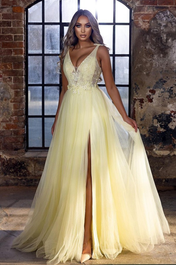 Cheap Yellow Long V-Neck Prom Dress | Evening Dress