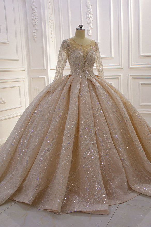 Chicloth Glamorous Ball Gown Tulle Jewel Wedding Dress Long Sleeves Ruffles Beadings Sequined Bridal Gowns Online