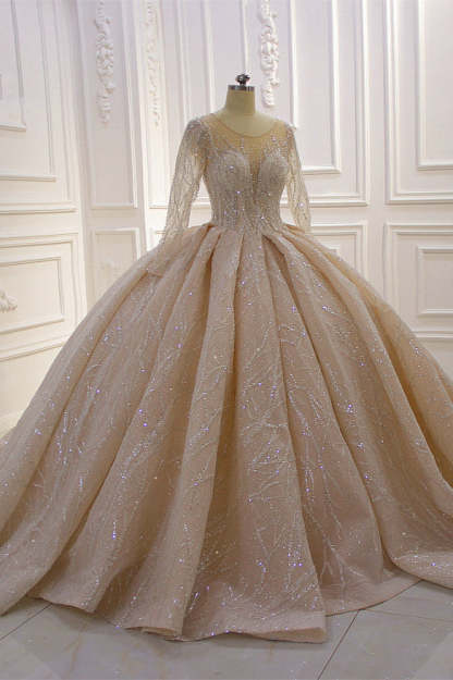 Chicloth Glamorous Ball Gown Tulle Jewel Wedding Dress Long Sleeves Ruffles Beadings Sequined Bridal Gowns Online