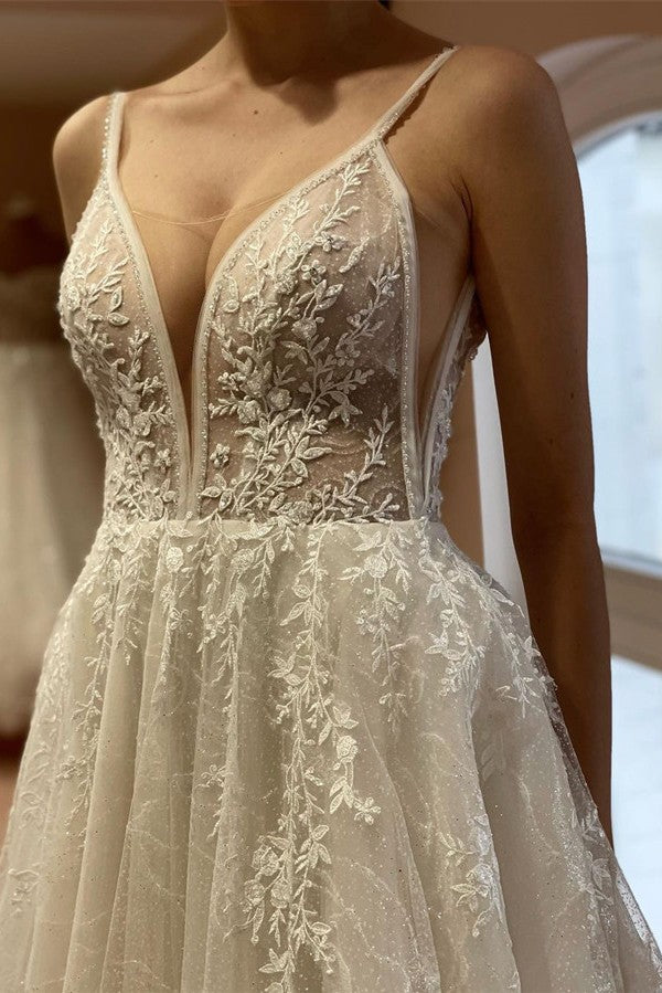 Chicloth Spaghetti-Straps Bridal Dress V-Neck Sleeveless Tulle Appliques