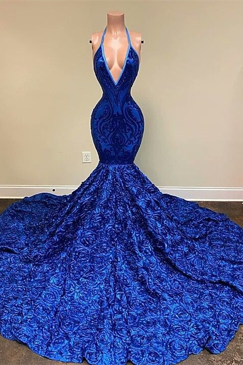 Navy Blue V-Neck Mermaid Sequin Prom Dress with Flowers
