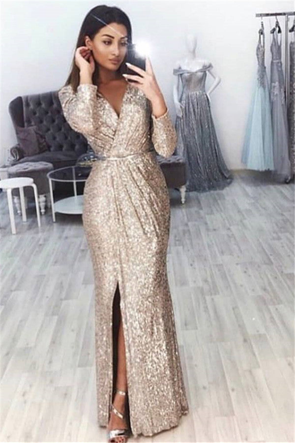 Chicloth Long Sleeves Sequins Prom Dress Long With Split