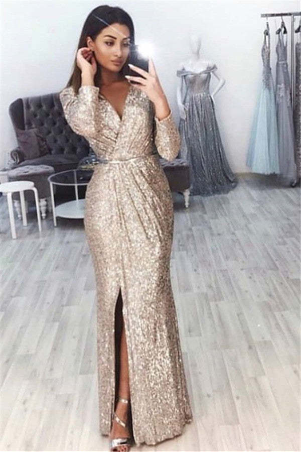 Chicloth Long Sleeves Sequins Prom Dress Long With Split