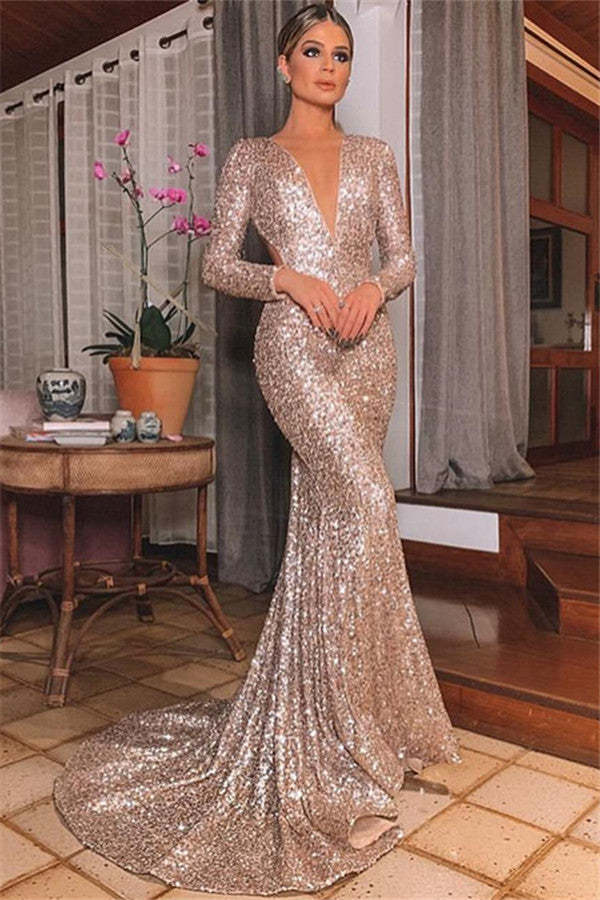 Chicloth Long Sleeves Mermaid Evening Dress Sequins V-Neck