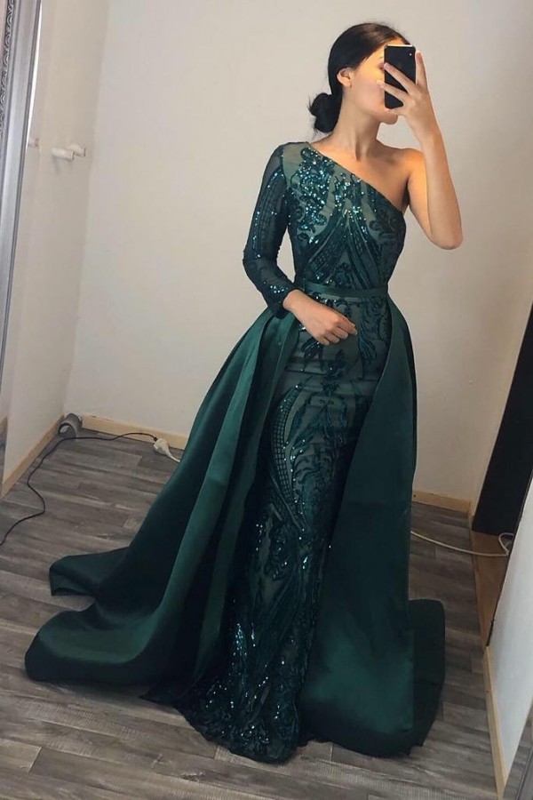 Unique Modern Detachable Sequins One-Shoulder Long Sleeve Sweep Train Prom Dress