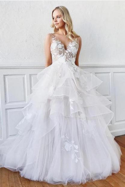 Chicloth V-Neck Sleeveless Appliques Wedding Dress With Ruffles