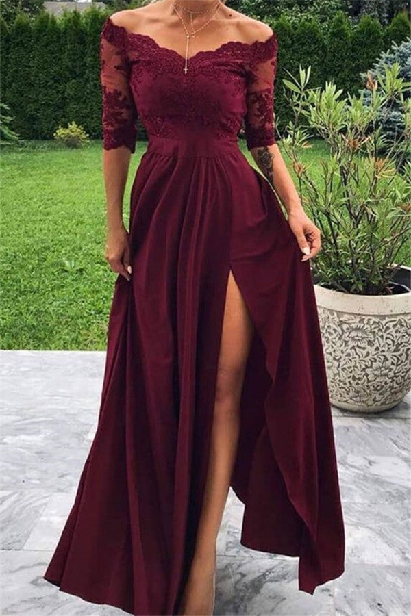 Chicloth Burgundy Half Sleeves Lace Prom Dress Long With Slit