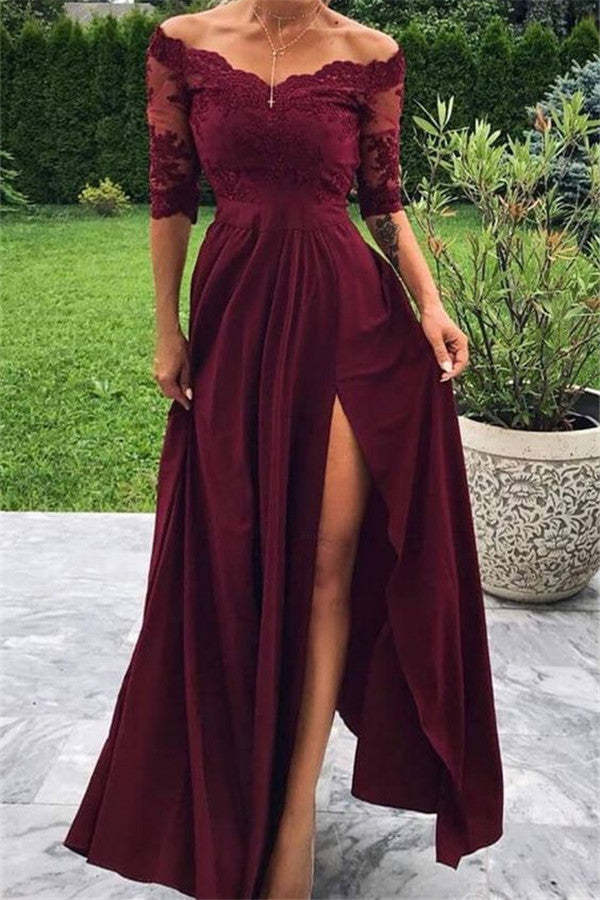 Chicloth Burgundy Half Sleeves Lace Prom Dress Long With Slit