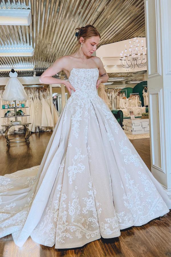 Romantic Strapless Lace Aline Wedding Dress for Women Backless Bridal Dress