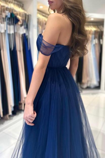 Chicloth Dark Navy Tulle Prom Dress Long Off-the-Shoulder