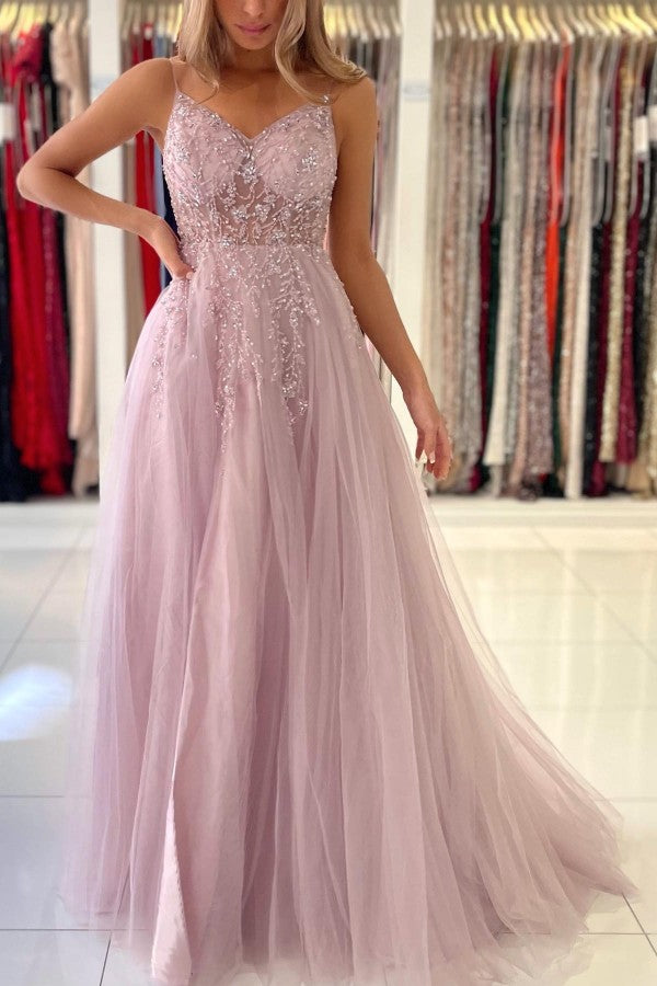 Chicloth Spaghetti-Straps Long Prom Dress Sleeveless Tulle With Beadings