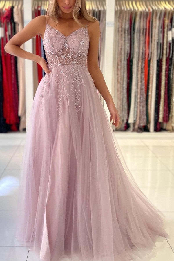 Chicloth Spaghetti-Straps Long Prom Dress Sleeveless Tulle With Beadings