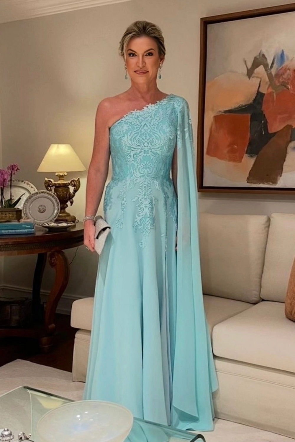 Aline One Shoulder Mother of the Bride Dress Lace Aplliques Wedding Guest Dress with Cape