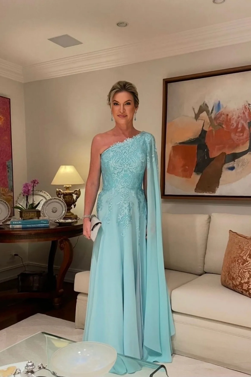 Aline One Shoulder Mother of the Bride Dress Lace Aplliques Wedding Guest Dress with Cape