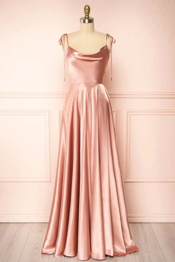 A-Line Cowl Neck Satin Bridesmaid Dresses Spaghetti Straps High Split Formal Dress