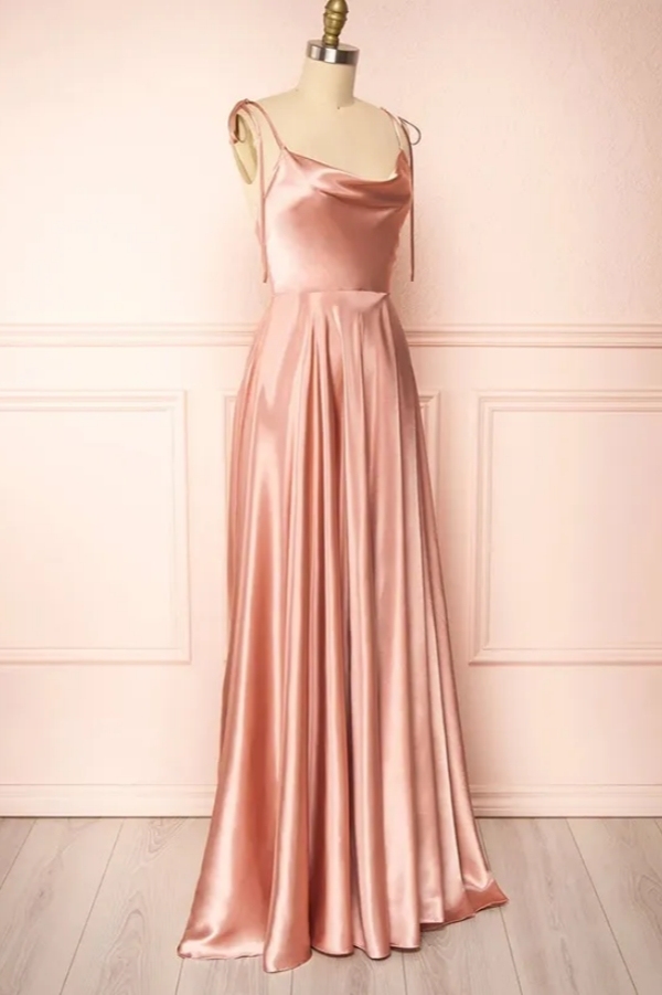A-Line Cowl Neck Satin Bridesmaid Dresses Spaghetti Straps High Split Formal Dress