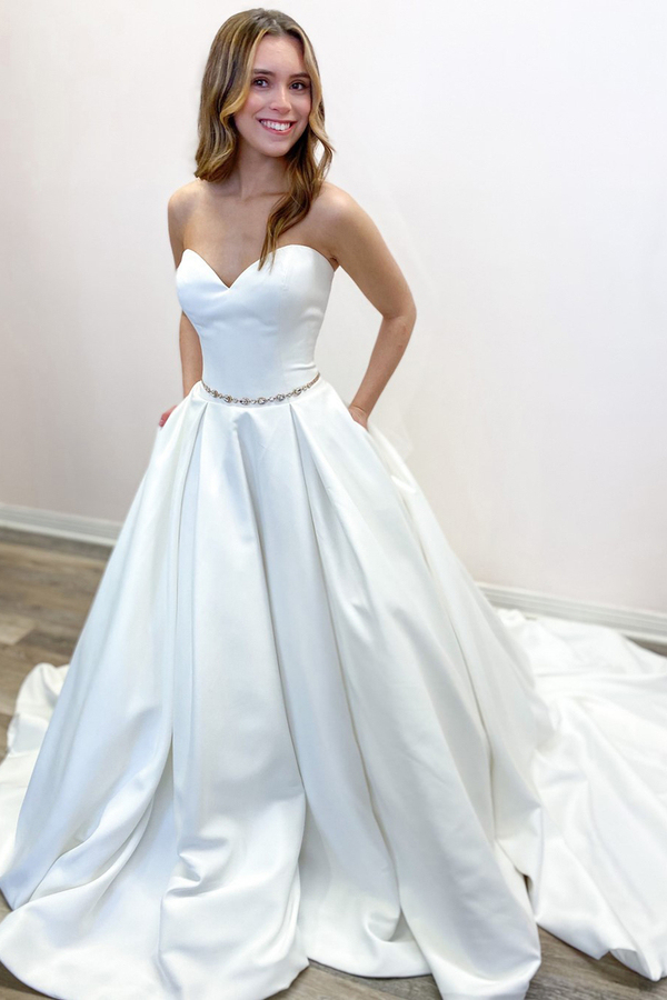 A-Line Floor-Length Sweetheart Backless Ruffles Satin Wedding Dress with Pockets