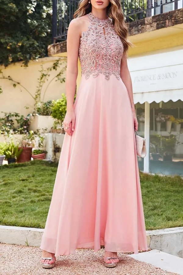 Elegant Halter Floor-Length A-Line Chiffon Bridesmaid Dress with Lace Appliques