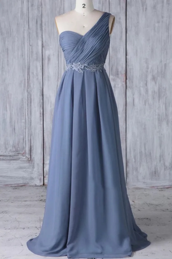 One Shoulder Sleeveless Dusty Blue A-Line Chiffon Bridesmaid Dresses with Lace Appliques