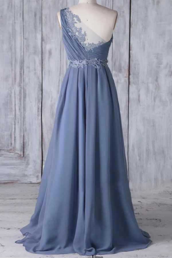 One Shoulder Sleeveless Dusty Blue A-Line Chiffon Bridesmaid Dresses with Lace Appliques
