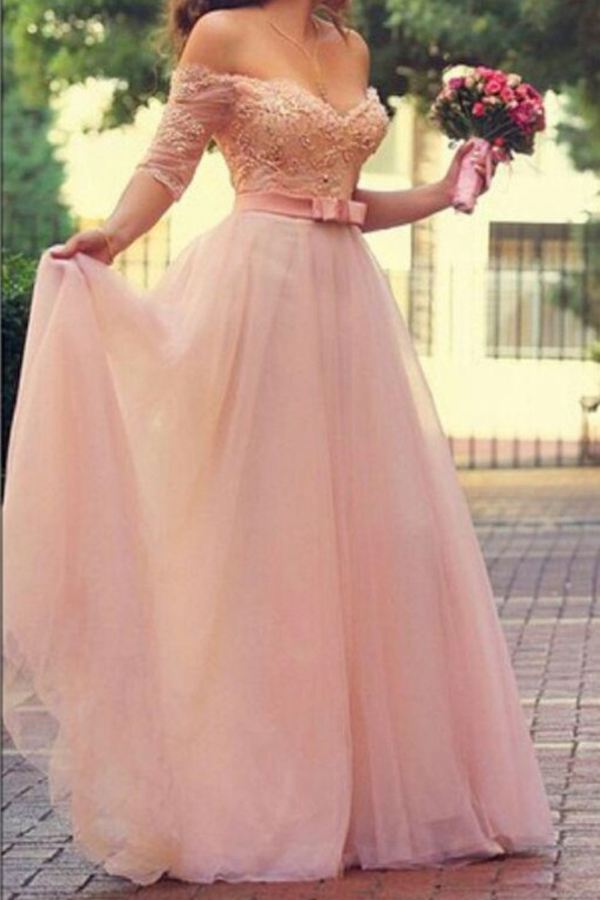 A-Line Pink Half Sleeve Evening Dress Off-Shoulder Lace Formal Dress with Sweep Train