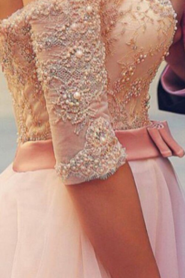 A-Line Pink Half Sleeve Evening Dress Off-Shoulder Lace Formal Dress with Sweep Train