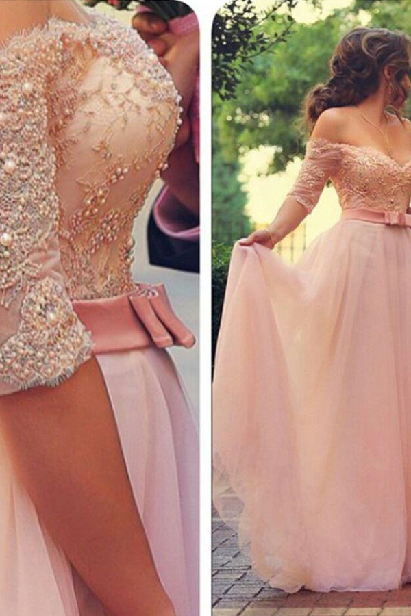 A-Line Pink Half Sleeve Evening Dress Off-Shoulder Lace Formal Dress with Sweep Train