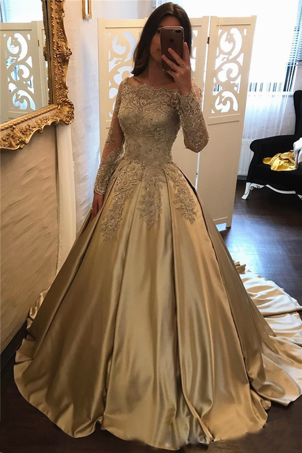 A-Line Prom Dress Long Sleeves | Elegant Lace Evening Dress with Sweep Train