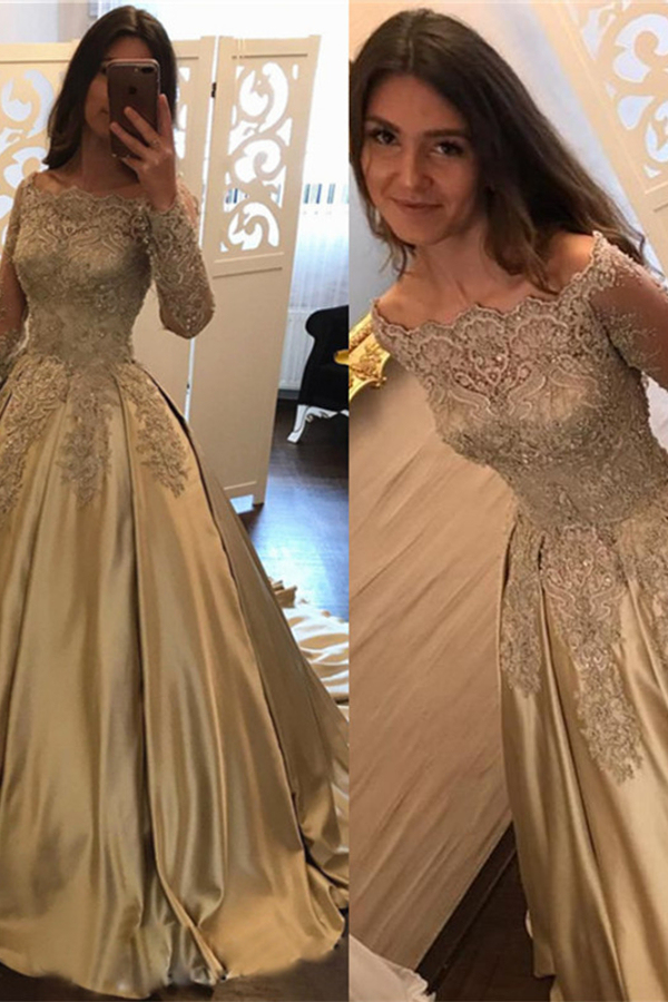 A-Line Prom Dress Long Sleeves | Elegant Lace Evening Dress with Sweep Train