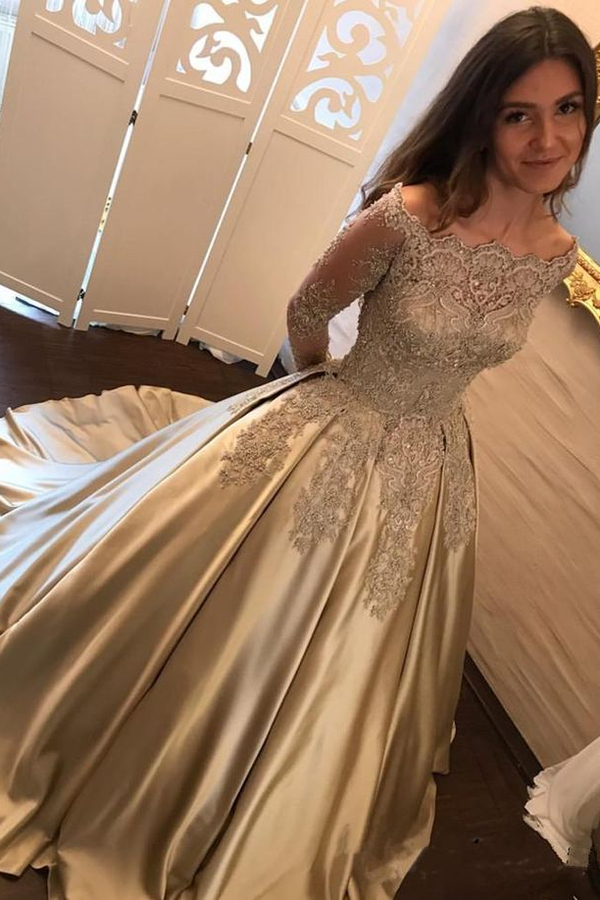 A-Line Prom Dress Long Sleeves | Elegant Lace Evening Dress with Sweep Train