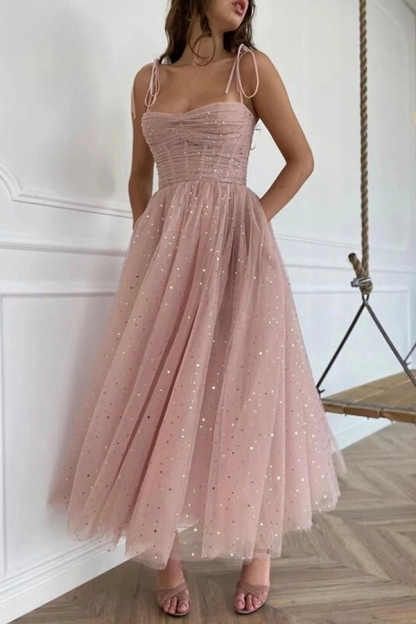 A-Line Ruffles Spaghetti Straps Sleeveless Ankle-Length Tulle Formal Party Dress