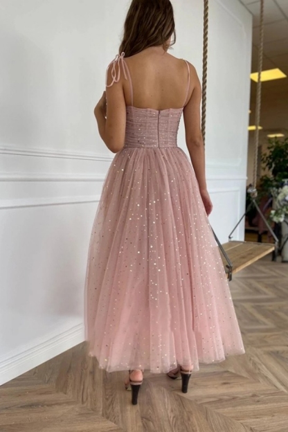 A-Line Ruffles Spaghetti Straps Sleeveless Ankle-Length Tulle Formal Party Dress