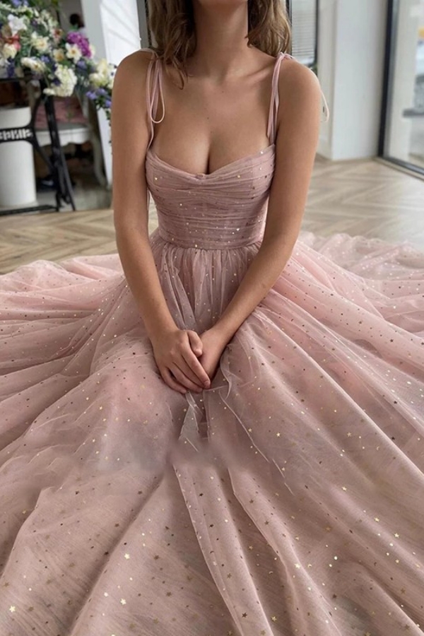 A-Line Ruffles Spaghetti Straps Sleeveless Ankle-Length Tulle Formal Party Dress