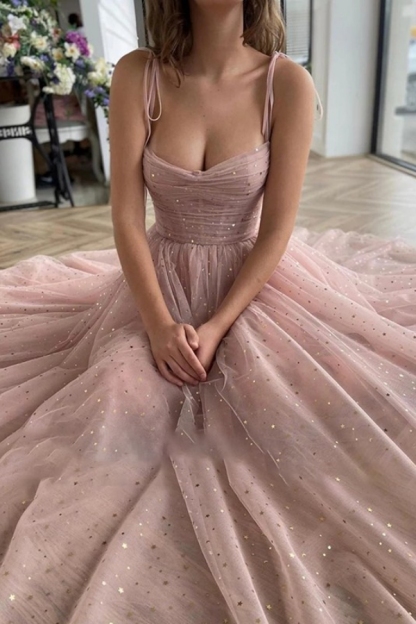 A-Line Ruffles Spaghetti Straps Sleeveless Ankle-Length Tulle Formal Party Dress