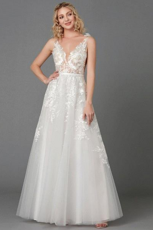 A-Line Wedding Dress Lace V-Neck See-Through Sleeveless Bridal Dress