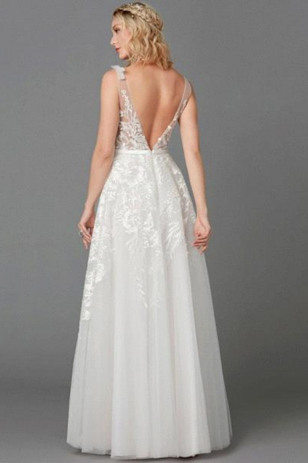 A-Line Wedding Dress Lace V-Neck See-Through Sleeveless Bridal Dress
