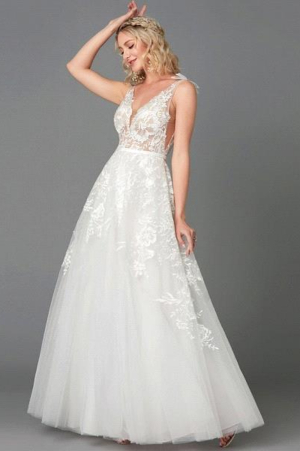 A-Line Wedding Dress Lace V-Neck See-Through Sleeveless Bridal Dress
