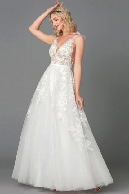 A-Line Wedding Dress Lace V-Neck See-Through Sleeveless Bridal Dress