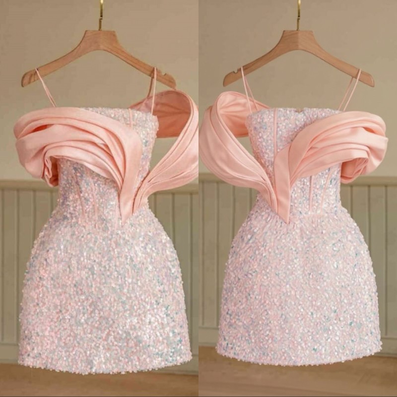 Glitter Sequins Pink Mini Homecoming Dress Spaghetti Straps with Bow