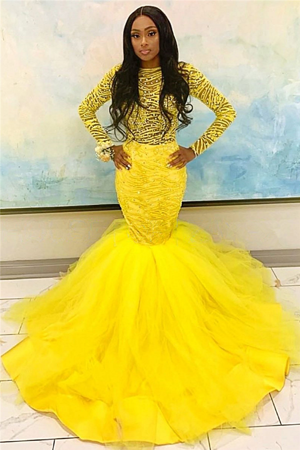 Affordable Yellow Beaded Tulle Mermaid Prom Dress with Long Sleeve