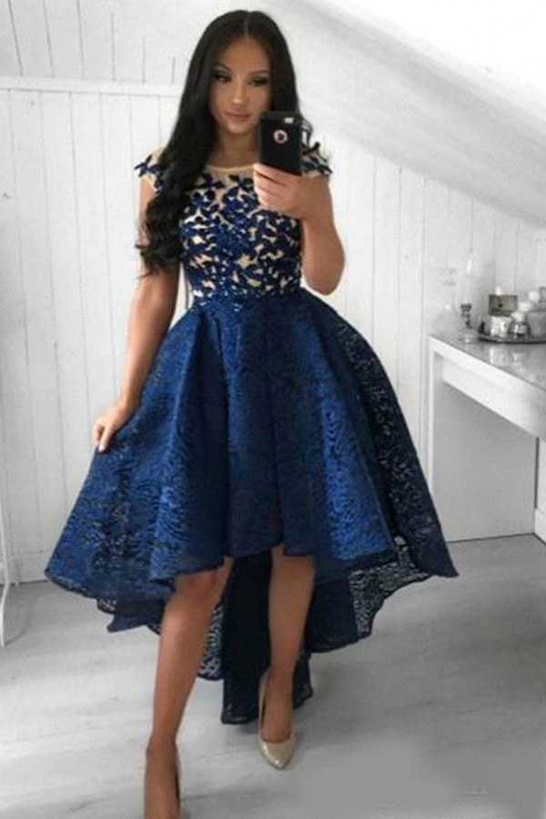 Amazing Lace Navy Blue Hi-Lo Party Dress Sleeveless Scoop Neck Prom Dress
