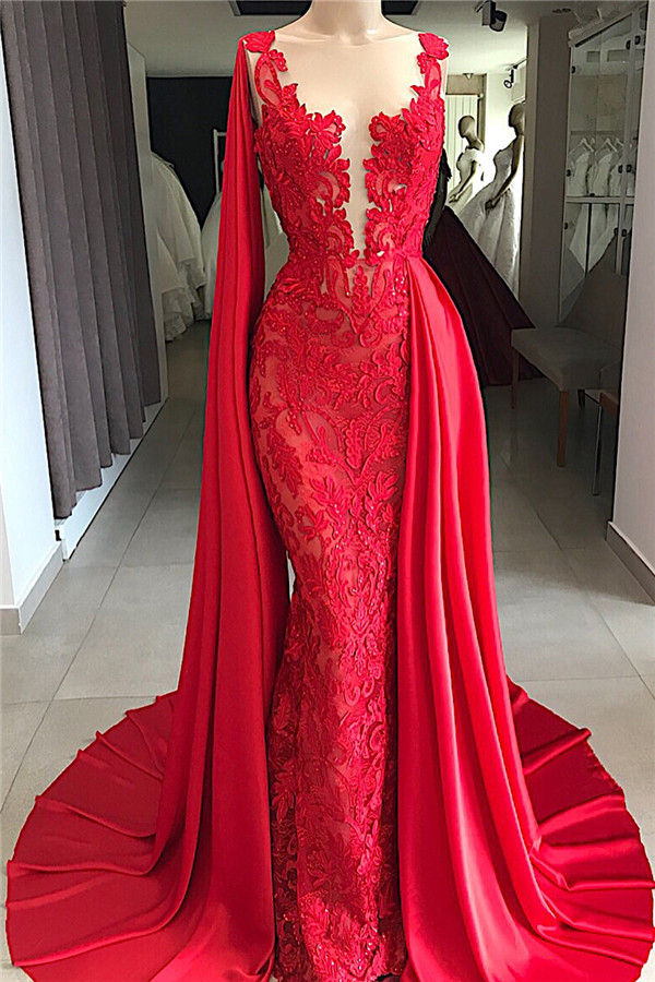 Amazing Scoop Neck Red Lace Evening Dress with Watteau Train