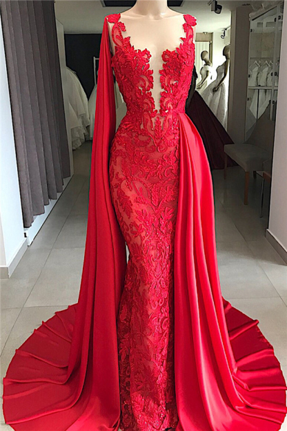 Amazing Scoop Neck Red Lace Evening Dress with Watteau Train
