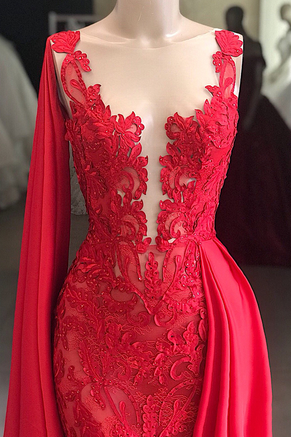 Amazing Scoop Neck Red Lace Evening Dress with Watteau Train