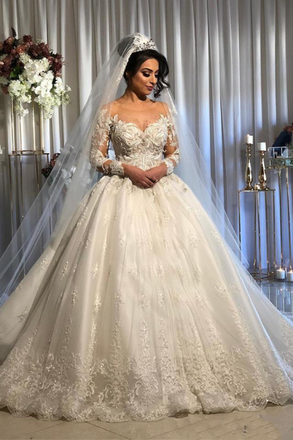 Appliques Beads Ball Gown Wedding Dresses | Sheer Tulle Long Sleeve Bridal Gowns