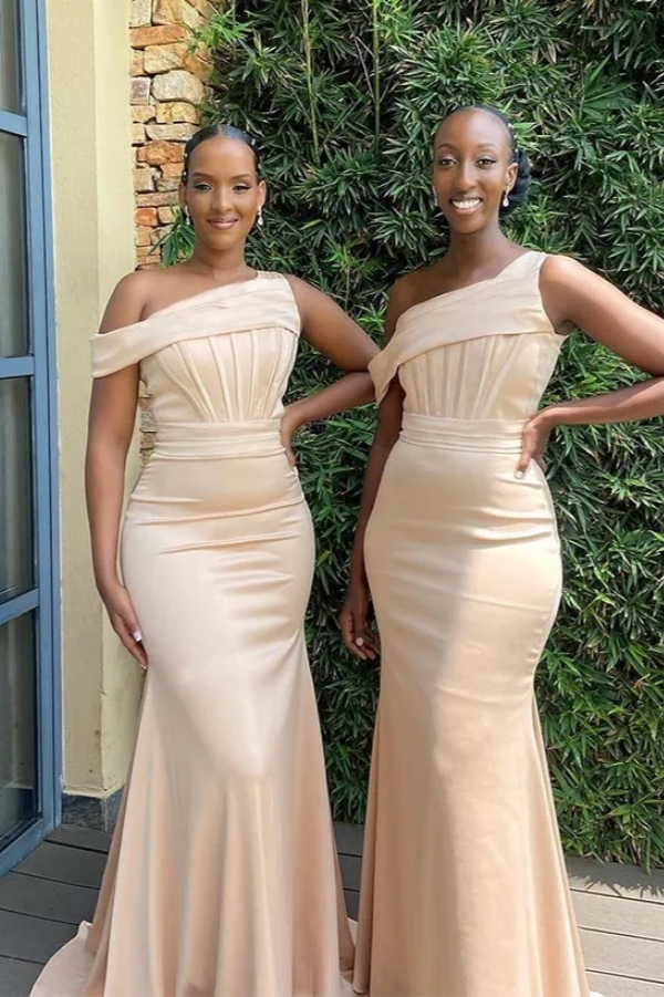 Asymmetrical Sleeveless Satin Bridesmaid Dresses Sheath Floor Length Evening Dress